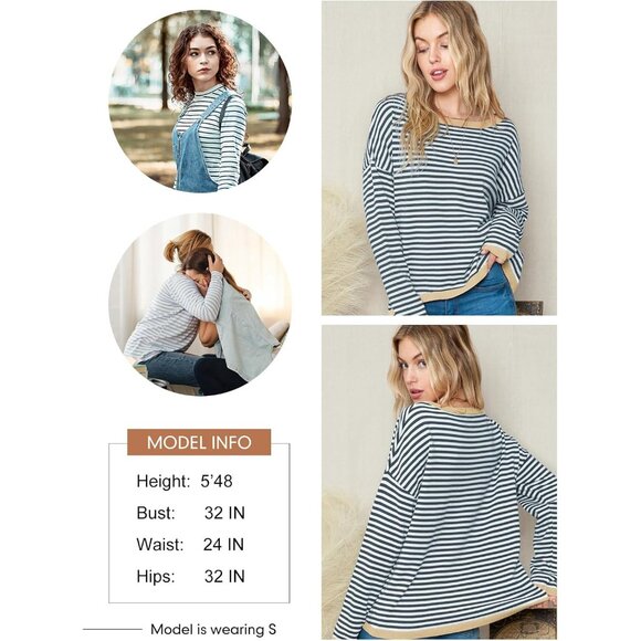 Women's Cotton Long Sleeve Sweater Casual Crewneck Striped Color Block High Low - Picture 3 of 5